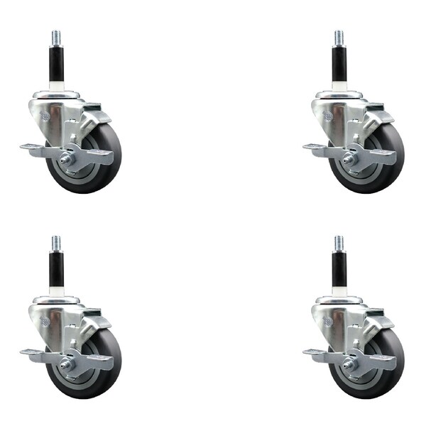 3.5'' SS Thermoplastic Rubber Swivel 7/8'' Expanding Stem Caster Set with Brake, 4PK